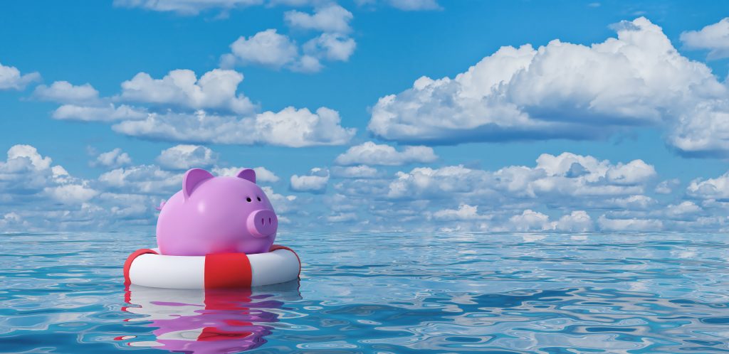 Piggy bank in lifebuoy on blue sea,Savings Protection Concept 3d
