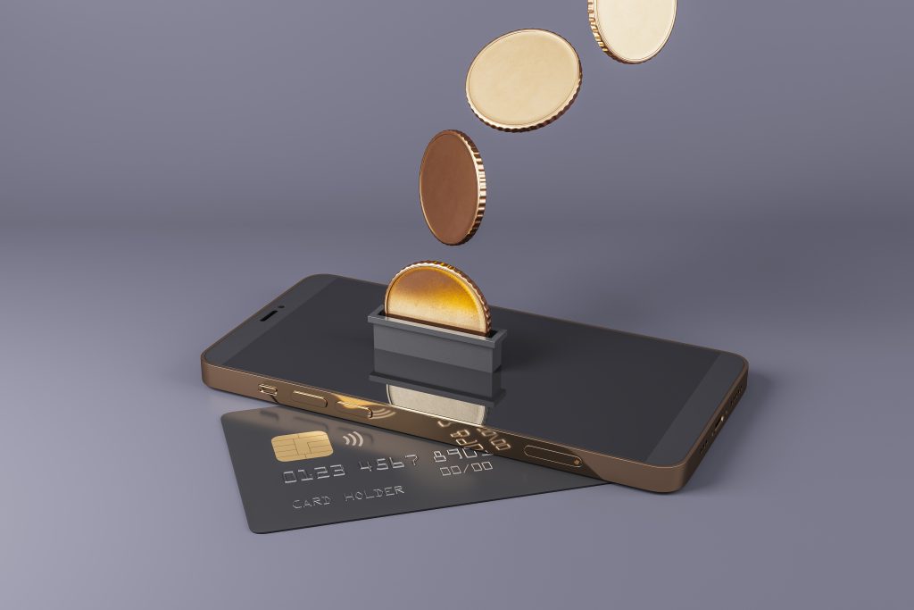 Creative image of smartphone with credit card and abstract coins on grey background. Cash back and digital banking concept. 3D Rendering.