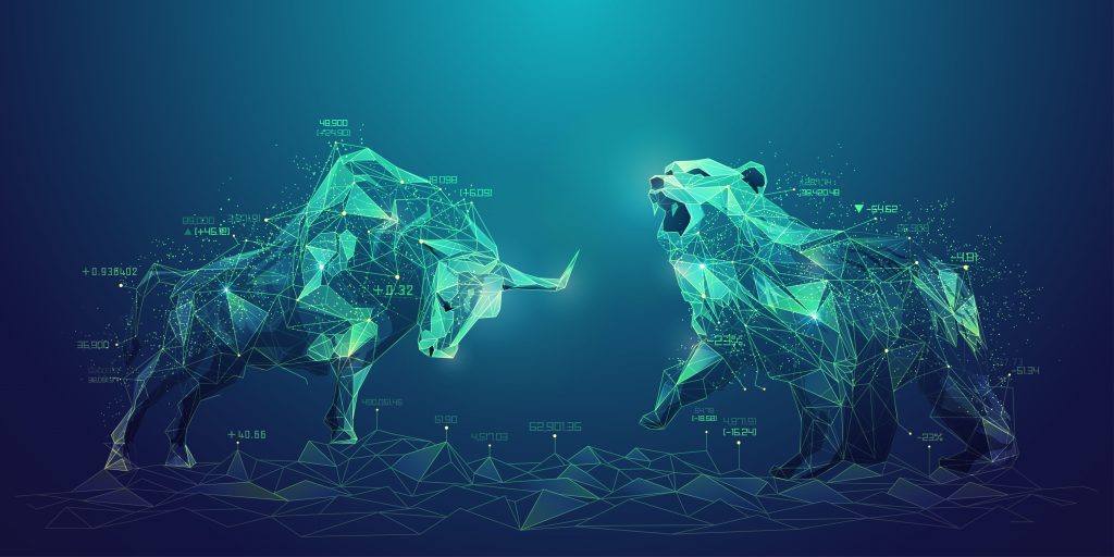 concept of stock market exchange or financial technology, polygon bull and bear with futuristic element