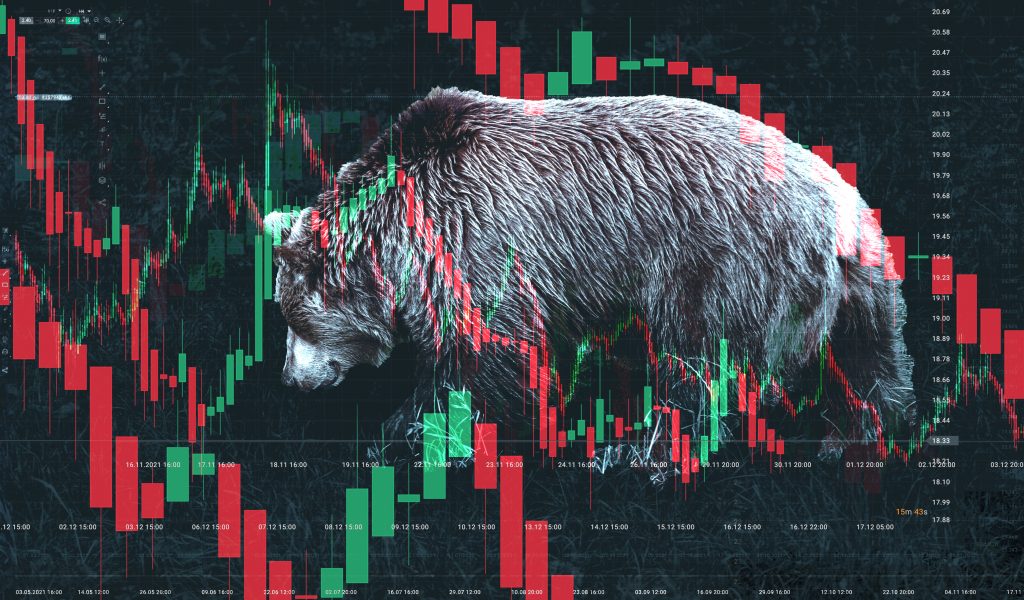 Stock market bear market. Downward trend charts on the investment platform. Double exposure of the bear and candles on the chart.