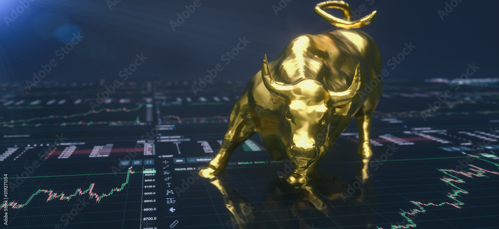Golden bull on a black background with data written on it