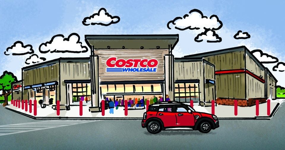 illustration of a Costco wholesale store with people in front, and a red car passing by