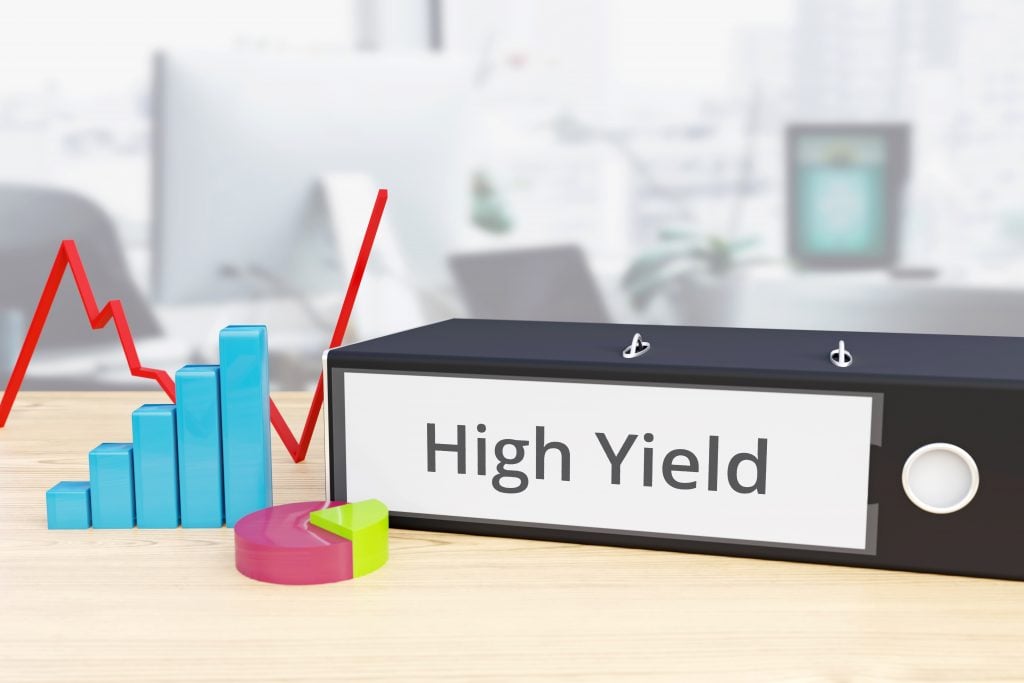 High Yield – Finance/Economy. Folder on desk with label beside diagrams. Business/statistics. 3d rendering
