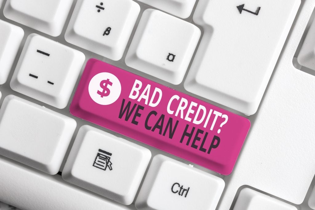 Writing note showing Bad Credit Question We Can Help. Business concept for Borrower with high risk Debts Financial White pc keyboard with note paper above the white background