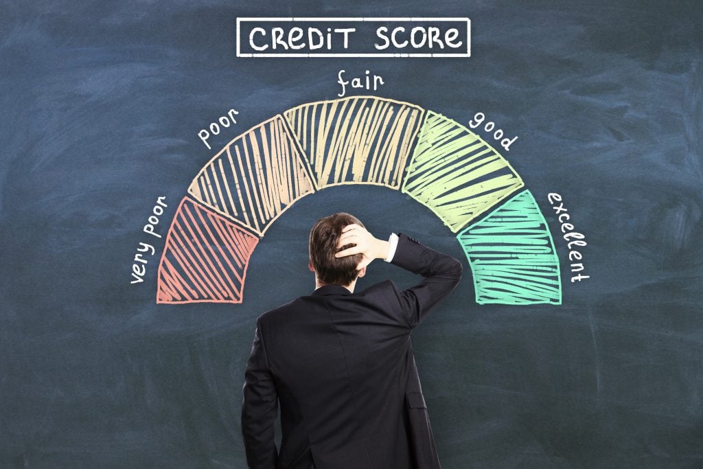 Credit score concept with pensive man back in front of chalkboard with credit score levels.