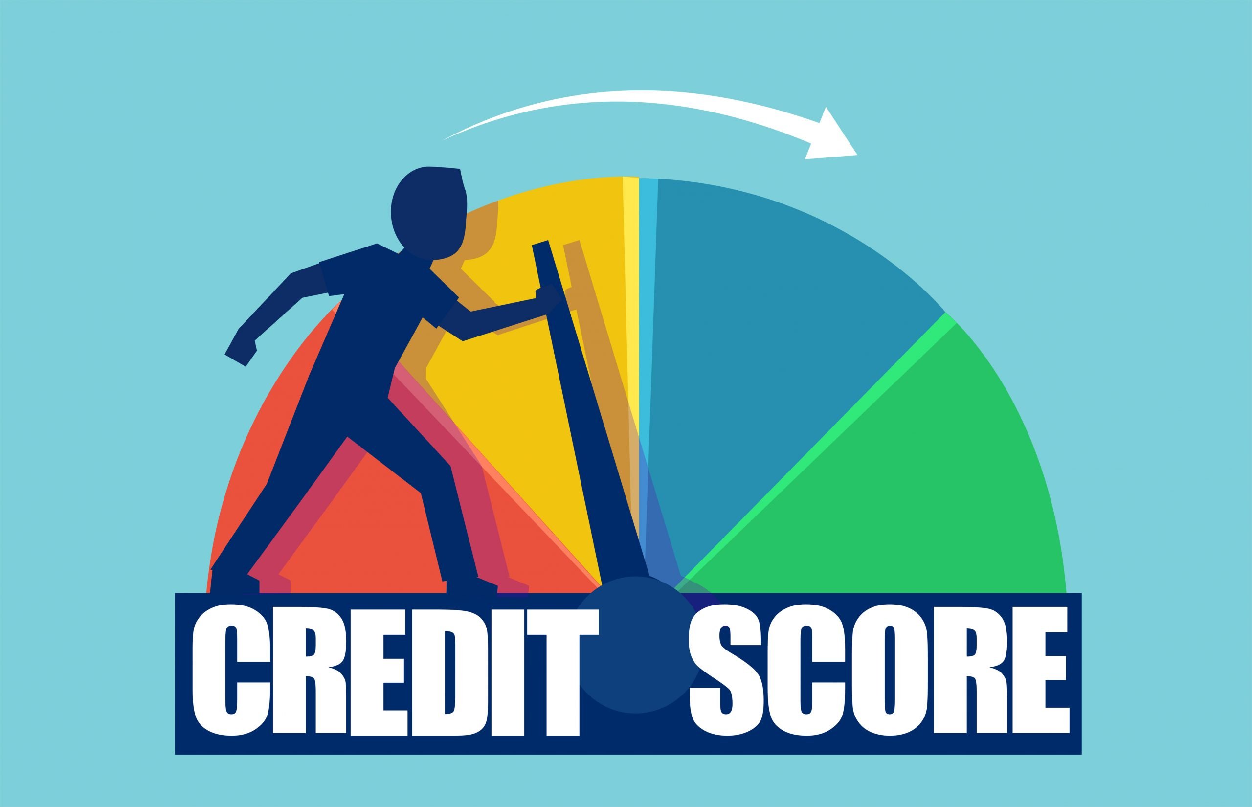 Credit score concept. Vector of a businessman pushing scale changing credit information from poor to good.