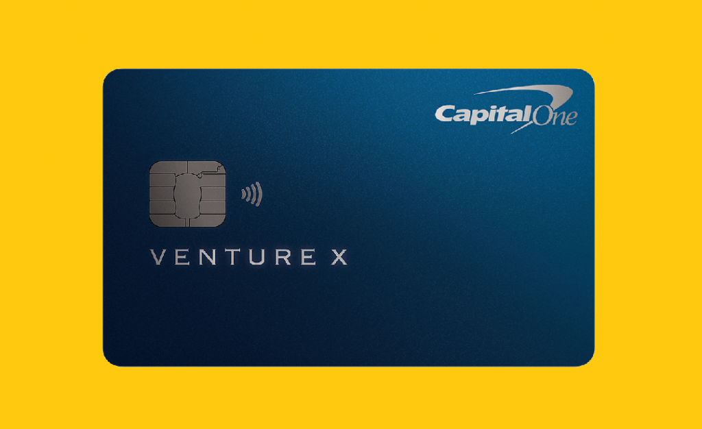 Capital One Venture X Rewards Credit Card on a yellow background