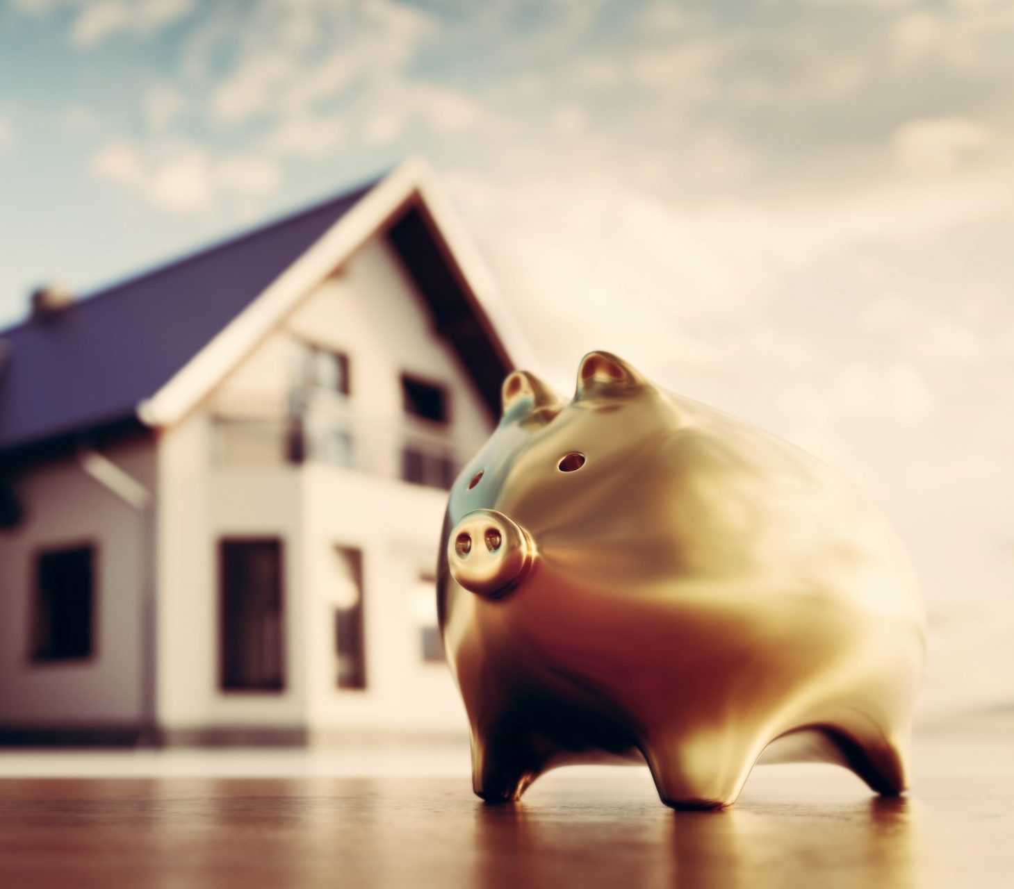 Piggybank and new house, saving for home, mortgage. Golden piggy bank. 3D illustration