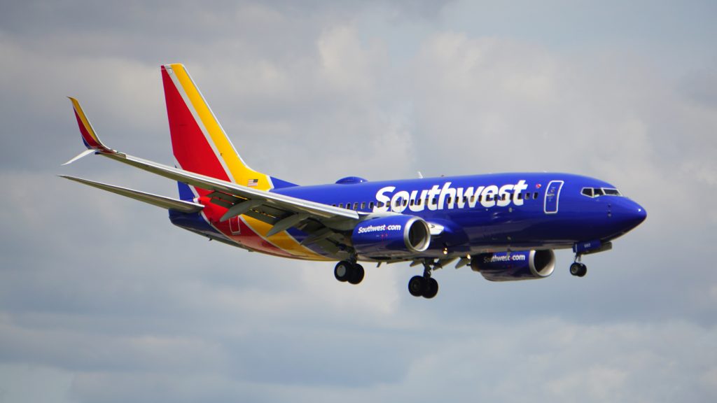 CHICAGO, UNITED STATES - Jul 09, 2021: The Southwest Airlines Boeing 737 flying over Chicago O'Hare International Airport