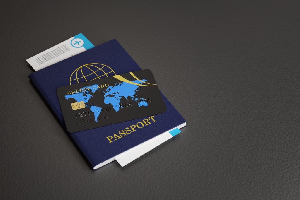 Close up of credit card, passport and plane ticket with copy space. Travel concept. 3d illustration.