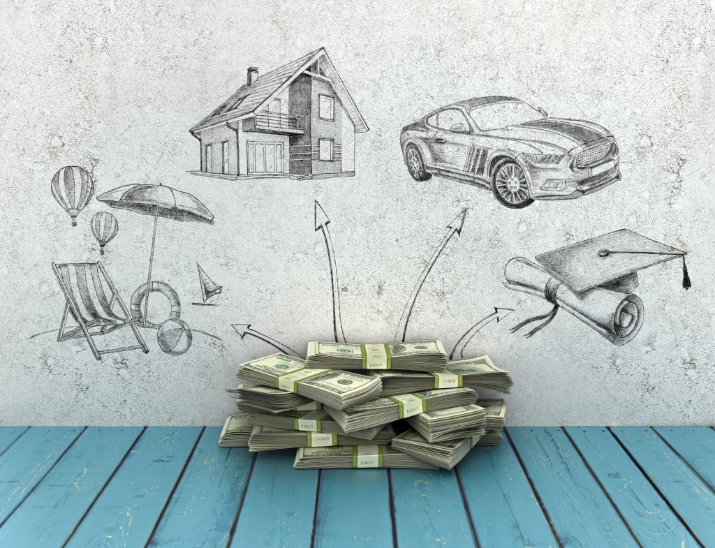 loan money concept 3d illustration, heap of dollars bills and hand drawing on the wall