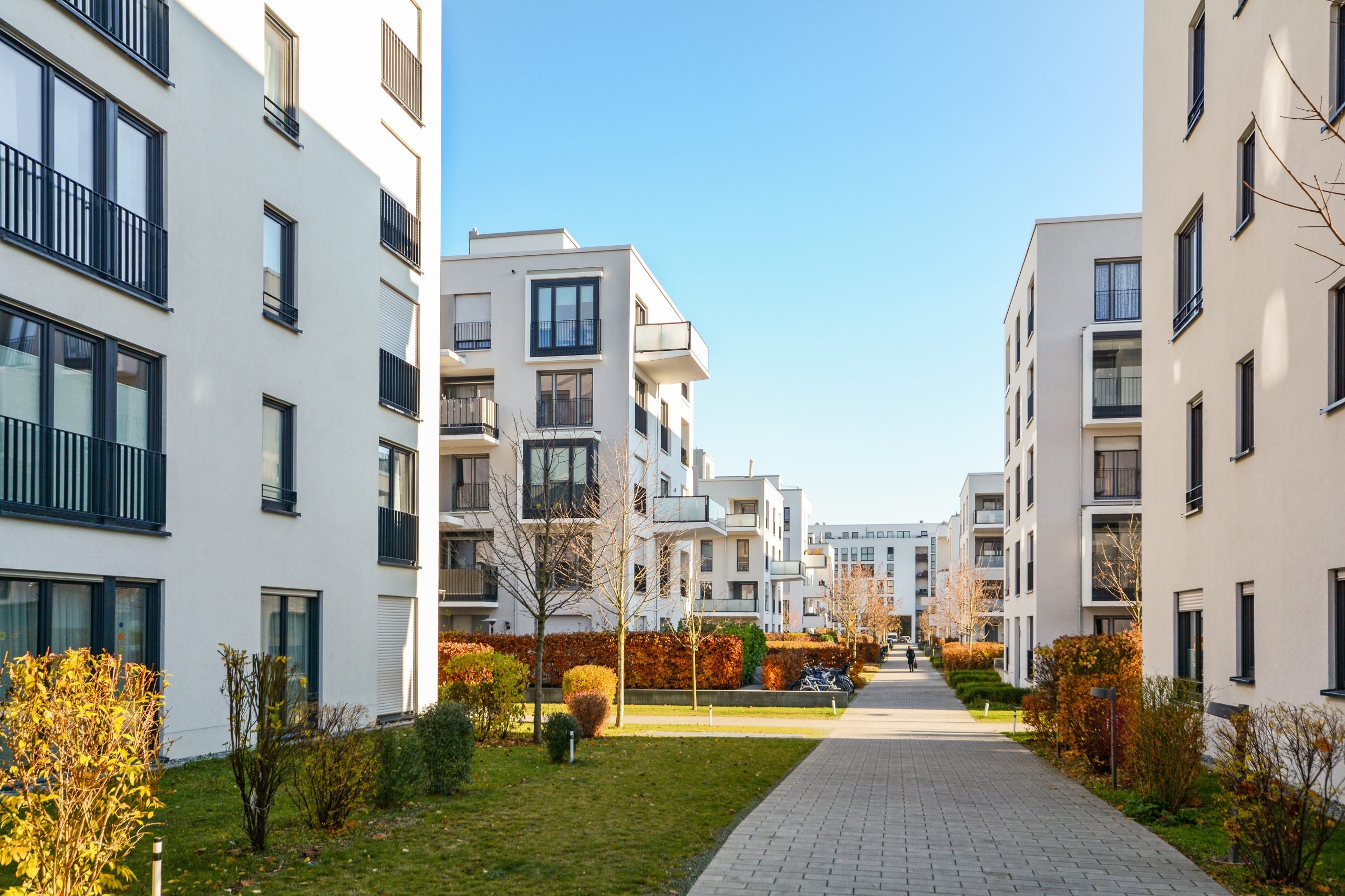 Modern apartment buildings in a green residential area in the ci