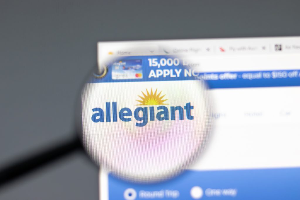 New York, USA - 15 February 2021: Allegiant website in browser with company logo, Illustrative Editorial.