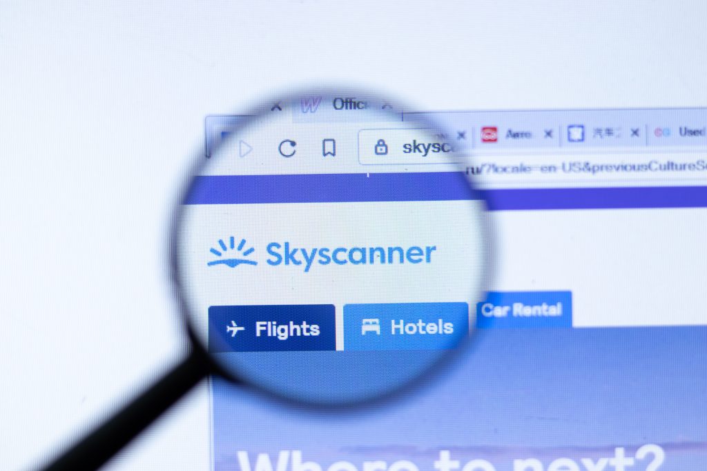 New York, USA - 29 September 2020: Skyscanner skyscanner.net company website with logo close up, Illustrative Editorial