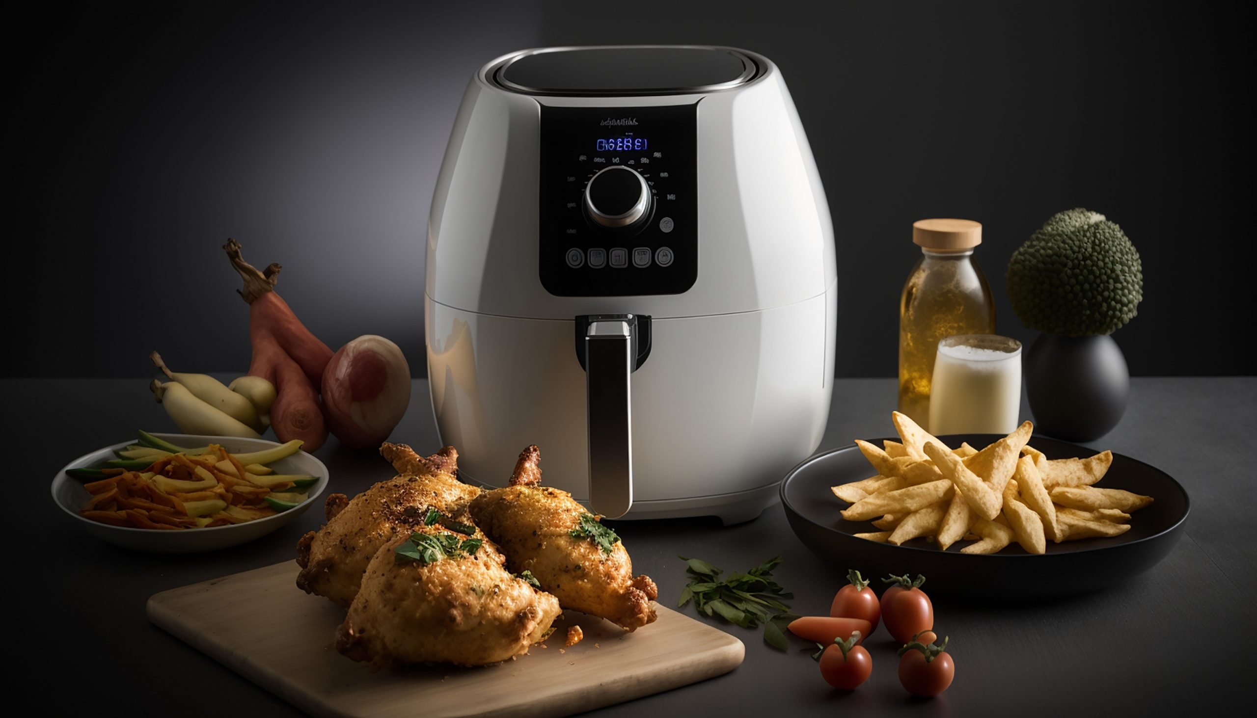 Homemade french fries and chicken in modern airfryer