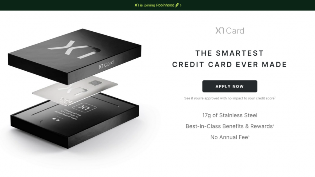 X1 Credit Card home page