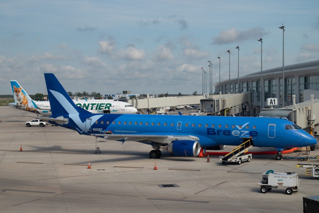 Breeze Airways Plane at a Gate at Louis Armstrong New Orleans International Airport on June 3, 2022 in New Orleans, Louisiana