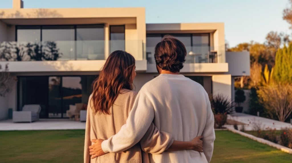 Happy young couple standing in front of new home - Husband and wife buying new house. Life style real estate concept.