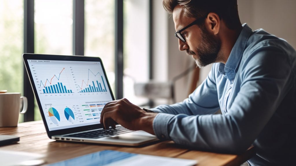 Data analysis to increase sales and revenue. Man sitting with laptop and working with growing graph. Business data analytics concept. Generative ai.