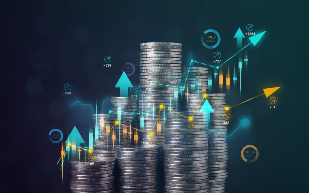 Stack of coins with graph chart growth up, Business marketing